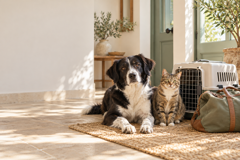Un perro blanco y negro y un gato atigrado junto a un transportín y una bolsa de viaje en casa