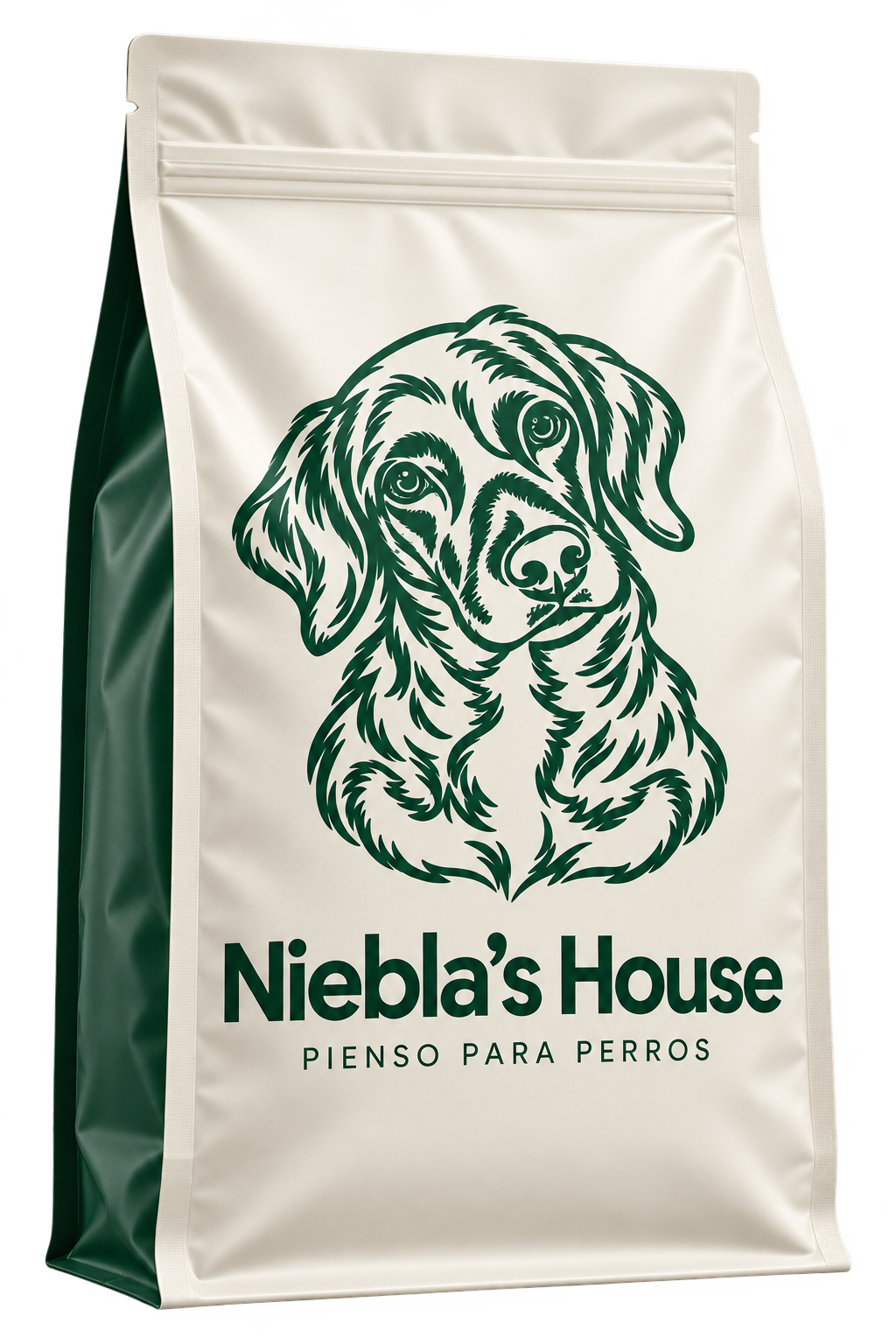 Diseño de envase de Niebla’s House: bolsa de pienso para perros. Imagen orientativa; producto y acabado por confirmar.