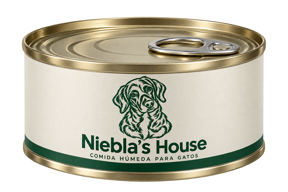 Diseño de envase de Niebla’s House: lata de comida húmeda para gatos. Imagen orientativa; producto y acabado por confirmar.
