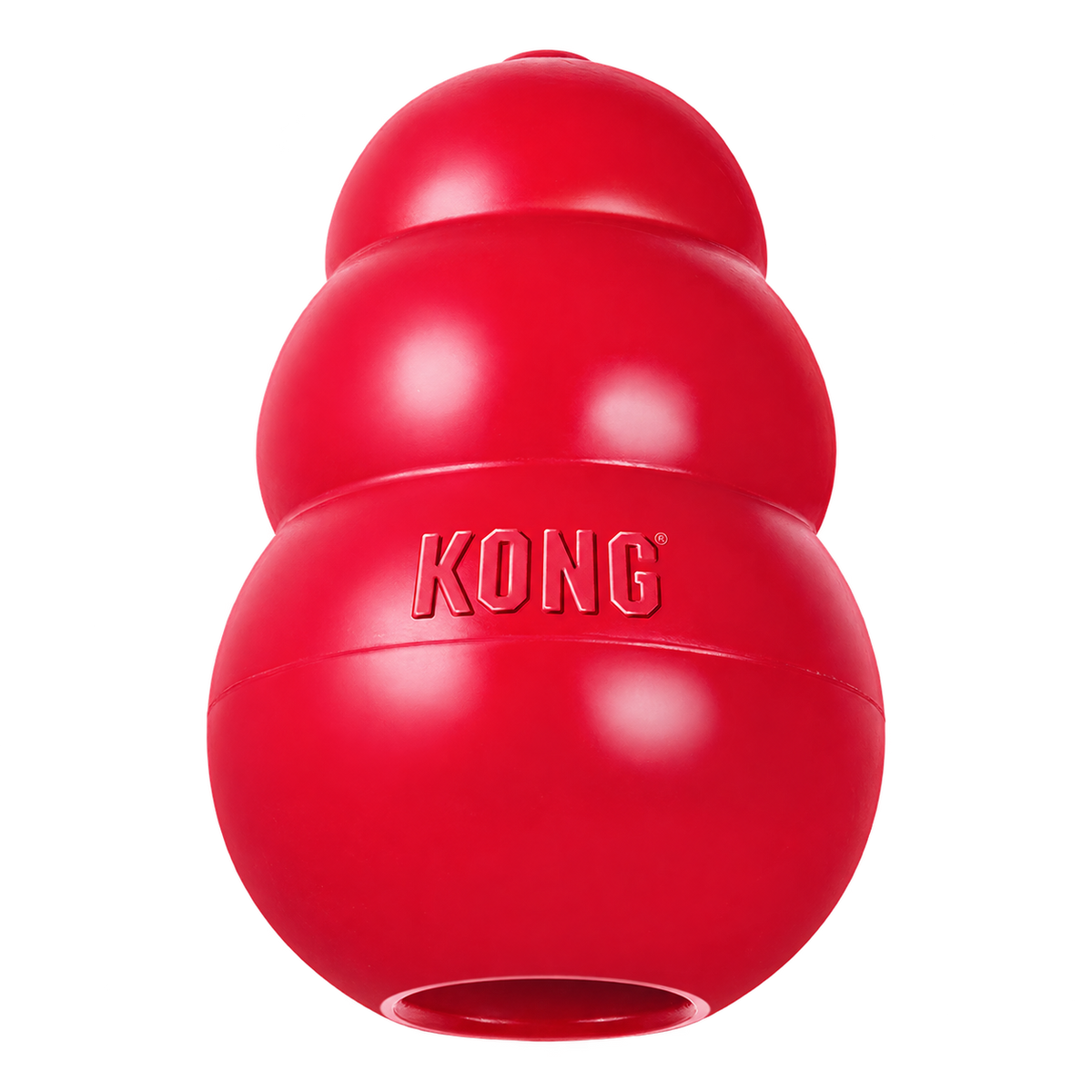 Imagen de catálogo de KONG Classic — juguete rellenable de caucho rojo, talla M sobre fondo transparente