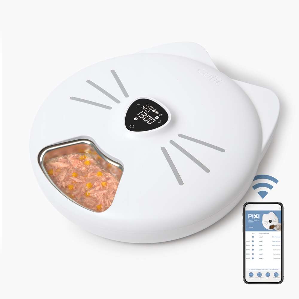Comedero Catit PIXI de seis raciones con bandeja inoxidable; teléfono ilustrativo no incluido