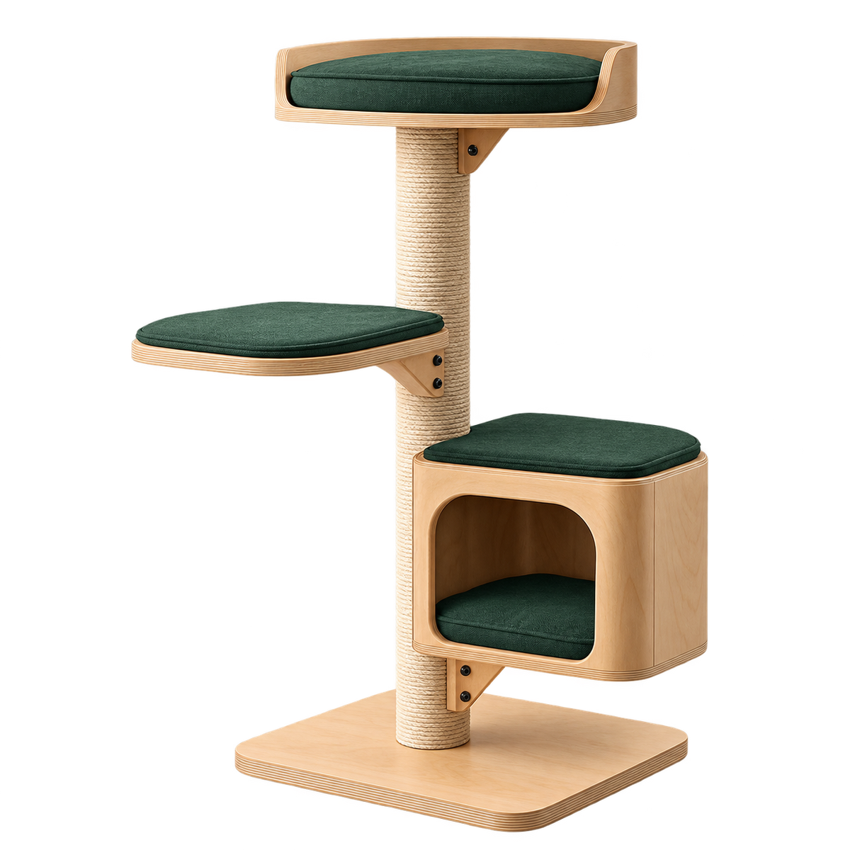 Diseño orientativo de parque modular de interior personalizado para gato sobre fondo transparente. Producto final por confirmar con proveedor.