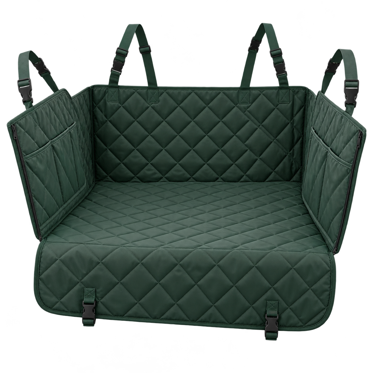 Diseño orientativo de Protector de asiento o maletero para viajar con perros; representación de catálogo sobre fondo transparente